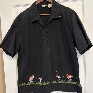 Bobbie Brooks Women's Cotton Short Sleeve Black Top Pink Flamingoes Size L EUC
